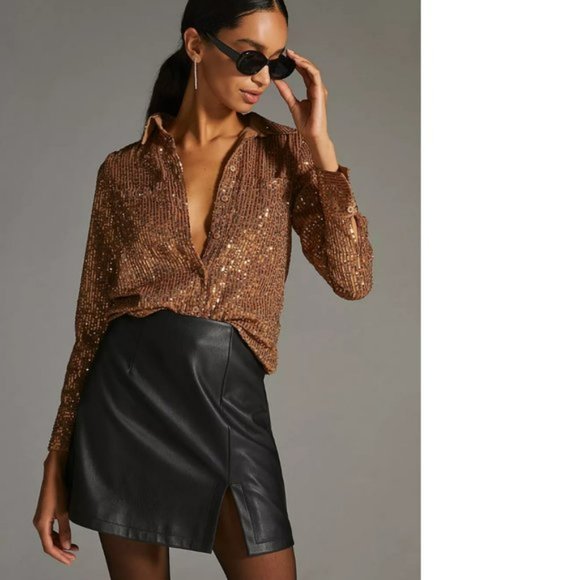ANTHROPOLOGIE Sequin Button Down Full Sleeve Shirt Blouse.  SZ XS - Picture 1 of 5